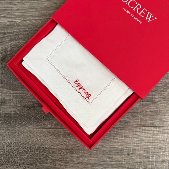 J Crew Set of 4 Holiday Embroidered Napkins in Box Limited Edition HTF - Picture 1 of 4
